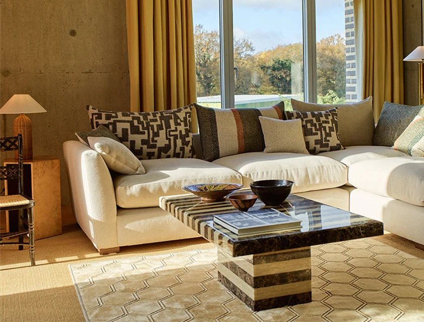 Hambledon Large Corner Unit and Stool in Plain Two Tone Calico with Scatters in Cloth 22_tablet